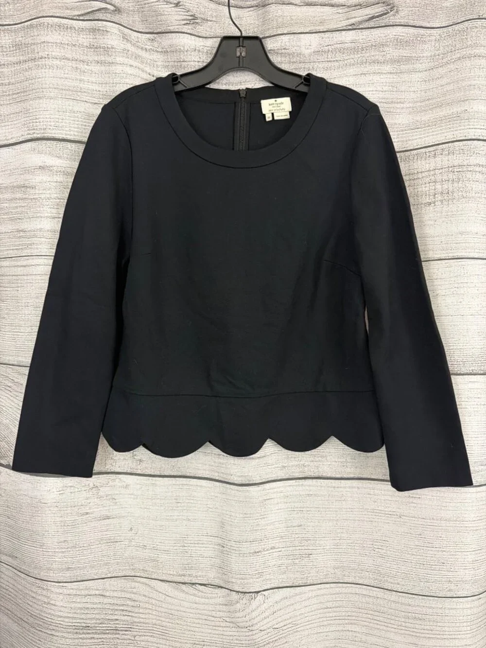 Kate Spade New York Black Scallop Hem Long Sleeve Zip Back Top Size 10